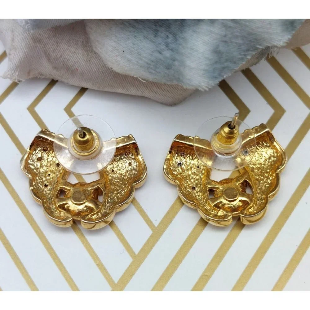Fancy Gold Tone Pierced Statement Earrings Crystal Accents Pretty 1